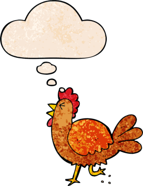 Düşünce baloncuklu çizgi film horozu bir insan tarafından çizilmiş grunge desen tarzı.