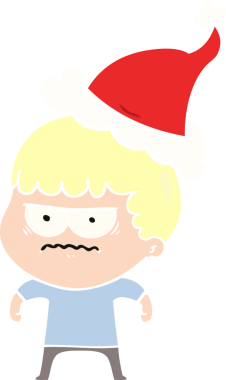 Bir insan tarafından çizilmiş Noel Baba şapkası giyen rahatsız bir adamın düz renkli çizimi.