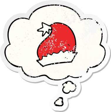 Düşünce baloncuklu çizgi film Noel Baba şapkası bir insan tarafından çizilmiş yıpranmış bir çıkartma.