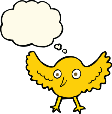 Bir insan tarafından çizilmiş düşünce baloncuklu çizgi film kuşu.