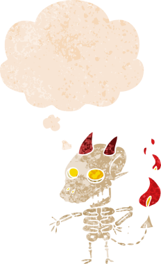 Homurdanan düşünce baloncuğu olan karikatürlü korkunç iblis bir insan tarafından çizilmiş tedirgin eski tarz.