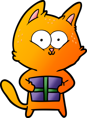 Bir insan tarafından çizilmiş Noel hediyesini taşıyan çizgi film kedisi.