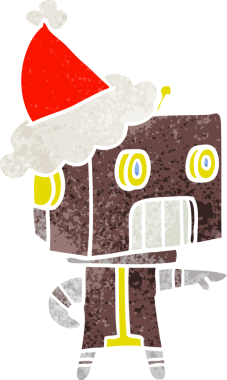 Bir insan tarafından çizilmiş Noel Baba şapkası giyen bir robotun el çizimi karikatürü.