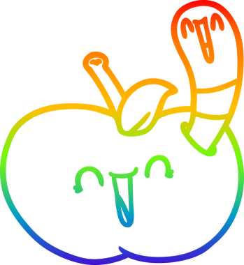 Gökkuşağı gradyan çizgi çizimi bir insan tarafından çizilmiş mutlu bir elma içinde solucan