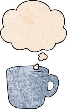 Bir insan tarafından çizilmiş grunge desenli düşünce baloncuklu çizgi film kahve fincanı.