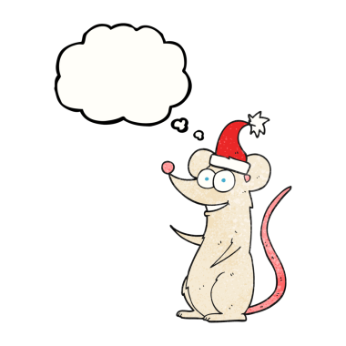 El yazısıyla çizilmiş düşünce kabarcığı desenli çizgi film faresi bir insan tarafından çizilmiş Noel şapkası takıyor.