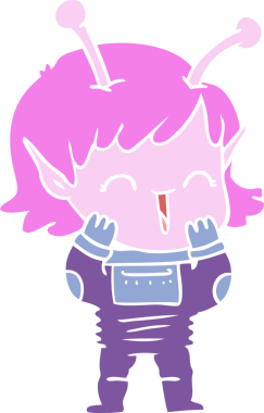 Bir insan tarafından çizilmiş düz renkli çizgi film uzaylı kız kıkırdıyor.