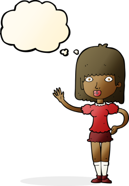 Bir insan tarafından çizilmiş düşünce baloncuğuyla el sallayan çizgi film kadını.