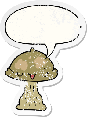 Konuşma balonlu çizgi film mantarı bir insan tarafından çizilmiş sıkıntılı eski bir çıkartma.