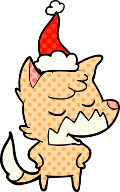 Bir insan tarafından çizilmiş Noel Baba şapkası giymiş bir tilkinin çizgi roman çizimi.