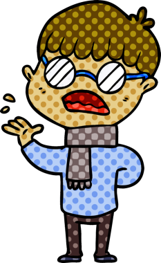 Bir insan tarafından çizilmiş gözlük takan çizgi film çocuğu.