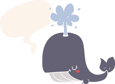 Konuşma baloncuğu olan çizgi film balinası insan tarafından çizilmiş.