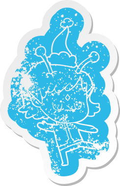 Bir insan tarafından çizilmiş Noel Baba şapkası giyen uzaylı bir kızın garip bir karikatürü.