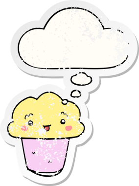 Yüzünde düşünce kabarcığı olan çizgi film keki insan tarafından çizilmiş yıpranmış bir çıkartma gibi.