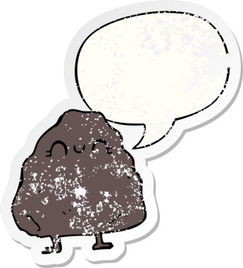 Konuşma baloncuğu olan karikatür rock 'ı bir insan tarafından çizilmiş sıkıntılı eski bir çıkartma