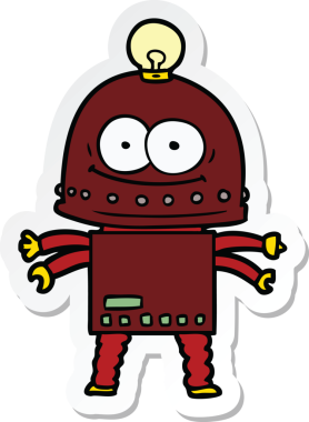 Bir insan tarafından çizilmiş mutlu bir karton robotun çıkartması.