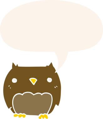 Bir insan tarafından çizilmiş konuşma baloncuğu olan sevimli çizgi film baykuşu.