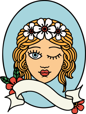 Geleneksel dövme, bir insan tarafından çizilmiş çiçek tacıyla süslenmiş bir kız dövmesi.