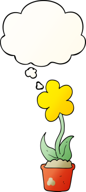 Bir insan tarafından çizilmiş yumuşak eğimli düşünce baloncuklu şirin çizgi film çiçekleri.