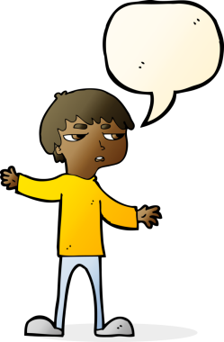 Bir insan tarafından çizilmiş konuşma baloncuğuyla sinirlenmiş bir çocuk.