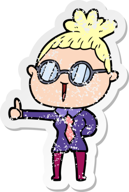 Bir insan tarafından çizilmiş gözlük takan karikatürlü bir kadının sıkıntılı çıkartması.