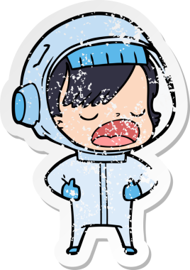 Bir astronot kadının insan tarafından çizildiğini açıklayan bir karikatür çıkartması.