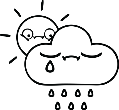 Bir insan tarafından çizilmiş fırtına bulutu ve güneş çizimleri.