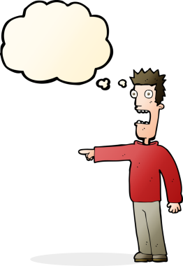 Bir insan tarafından çizilmiş düşünce baloncuğuyla dehşete düşmüş bir adam.