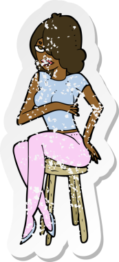 Bir insan tarafından çizilmiş bar taburesinde oturan bir karikatür kadının gerilimli retro yapıştırması.