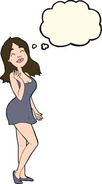 Düşünce baloncuğu çizilmiş kokteyl elbiseli güzel bir kadın.