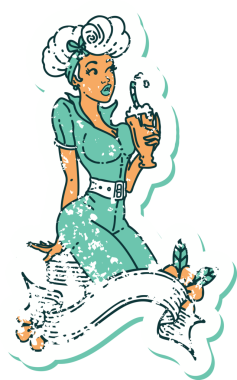 Geleneksel bir poster kızı dövmesi var. Bir insan tarafından çizilmiş milkshake içiyor.