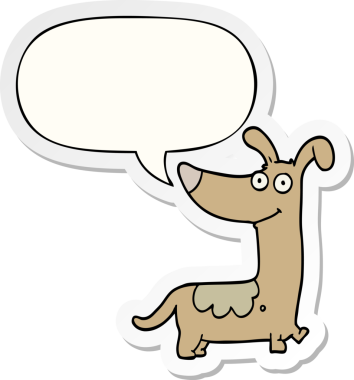 Bir insan tarafından çizilmiş konuşma balonu çıkartmalı çizgi film köpeği.