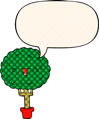 Bir insan tarafından çizilmiş çizgi roman tarzında konuşma balonu olan mutlu bir ağaç.