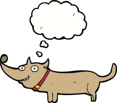 Bir insan tarafından çizilmiş düşünce balonlu mutlu bir köpek.