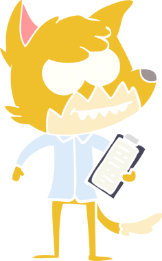 Düz renkli çizgi film, bir insan tarafından çizilmiş pano ile sırıtan tilki