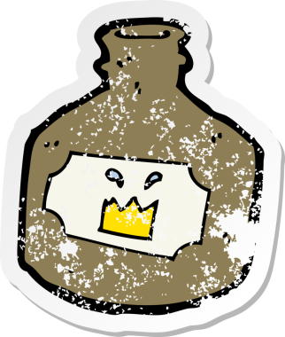 Bir insan tarafından çizilmiş eski bir viski şişesinin gerilimli yapıştırması.