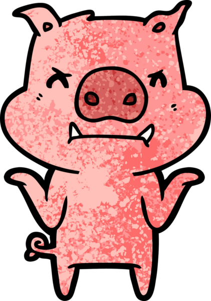 Bir insan tarafından çizilmiş kızgın çizgi film domuzu omuz silkiyor.