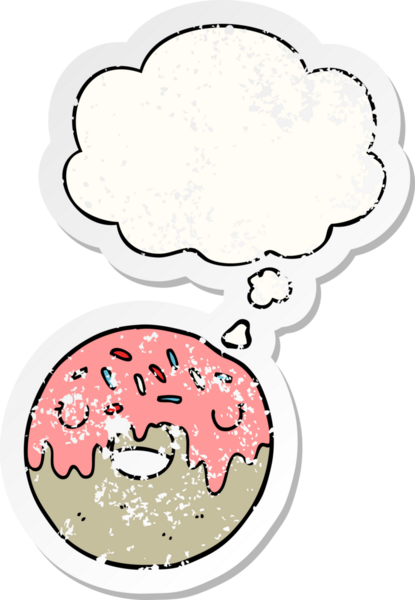 Düşünce baloncuklu çizgi film donutu insan tarafından çizilmiş yıpranmış bir çıkartma gibi.