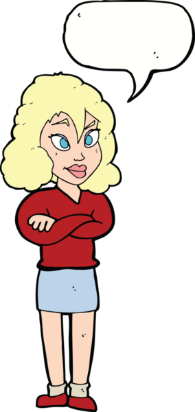 Bir insan tarafından çizilmiş konuşma balonlu çapraz kollu bir karikatür kadın.