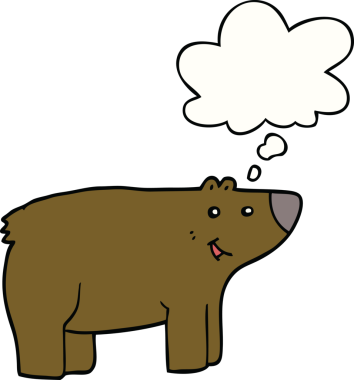 Bir insan tarafından çizilmiş düşünce baloncuklu çizgi film ayısı.