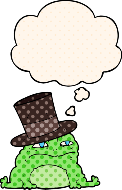 Çizgi roman tarzında düşünce baloncuğu olan zengin kara kurbağası bir insan tarafından çizilmiş.