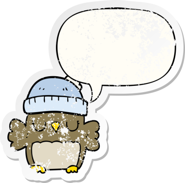 Konuşma baloncuğu olan şapkalı sevimli bir baykuş. Bir insan tarafından çizilmiş sıkıntılı eski bir çıkartma.