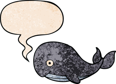 Konuşma baloncuğu olan karikatür balinası insan tarafından çizilmiş.