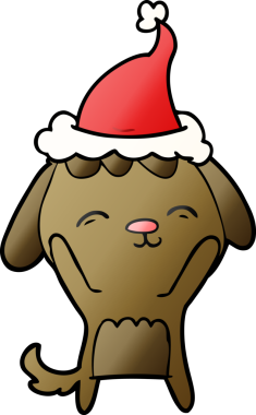 Mutlu el çizimi, bir insan tarafından çizilmiş Noel Baba şapkası takan bir köpeğin çizgi filmi.