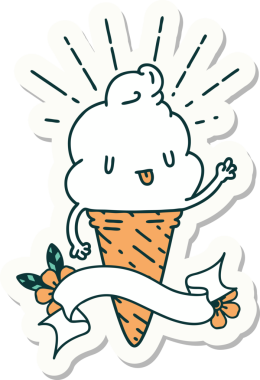 Bir insan tarafından çizilmiş dövme stili dondurma karakterinin çıkartması.