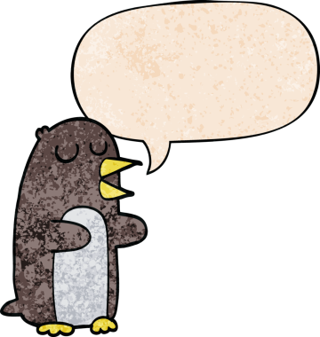 Konuşma baloncuğu olan karikatür pengueni insan tarafından çizilmiş.