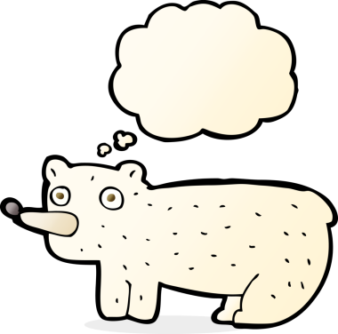 Bir insan tarafından çizilmiş düşünce baloncuklu komik kutup ayısı.