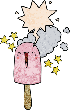 Bir insan tarafından çizilmiş eski dokuma tarzında konuşma balonu olan şirin buz lolipopu.