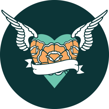 Kanatlı, çiçek ve bir insan tarafından çizilmiş bir kalbin ikonik dövme görüntüsü.