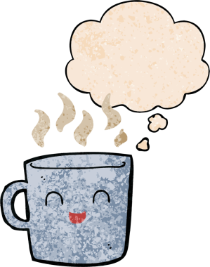 Hoş kahve fincanı çizgi filmi, insan tarafından çizilmiş grunge desenli düşünce baloncuğu.